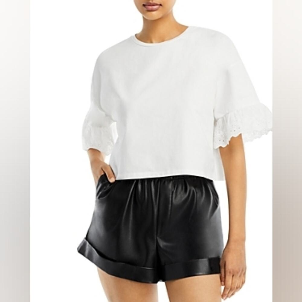 Aqua White Eyelet Ruffle Trim Sleeve Cropped T-Shirt Med New